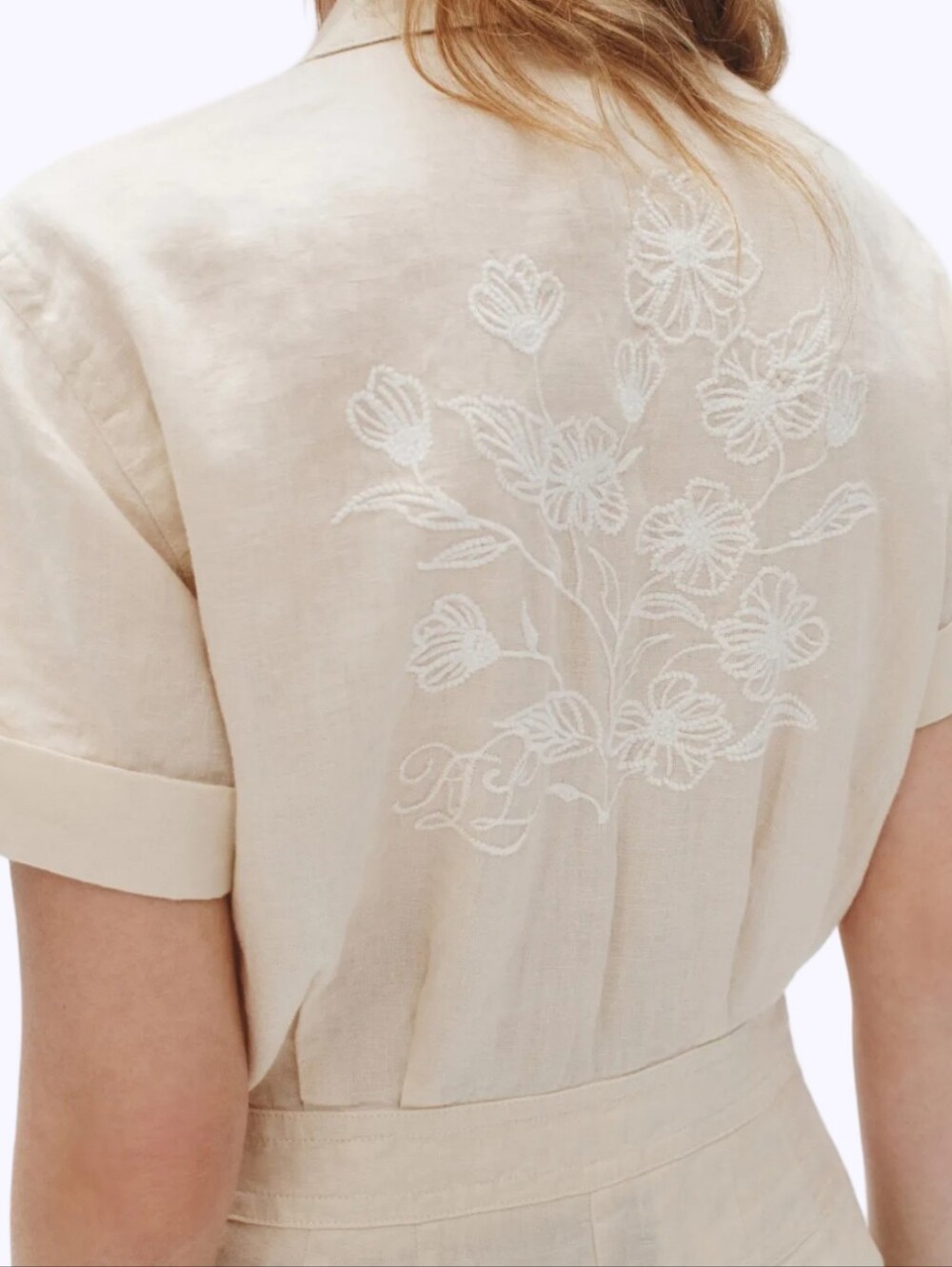 Lauren Ralph Lauren Cream Linen Blend Embroidered Utility Jumpsuit Wide Leg NEW - Picture 3 of 14
